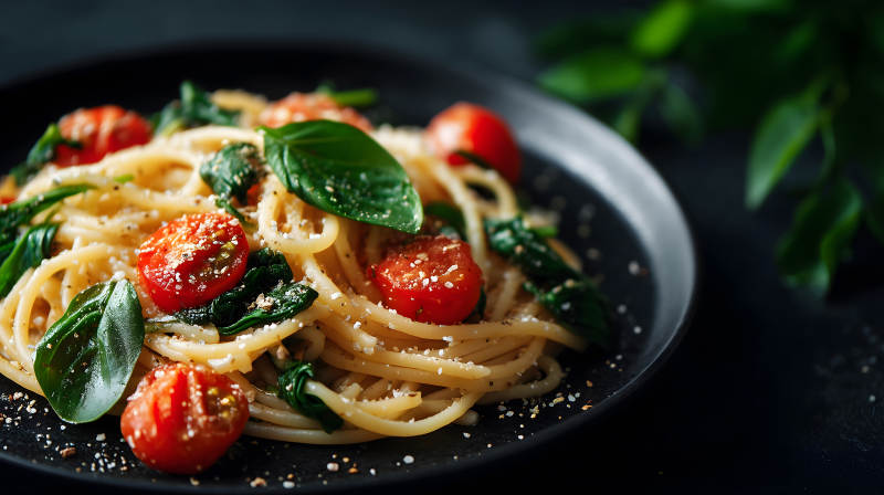 意大利面配番茄和罗勒图片