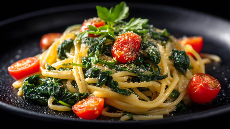 意面配菠菜和番茄美味可口图片