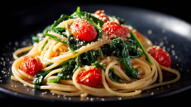 意大利面配菠菜和番茄图片
