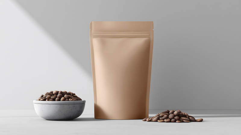 咖啡豆与包装袋的静物图片
