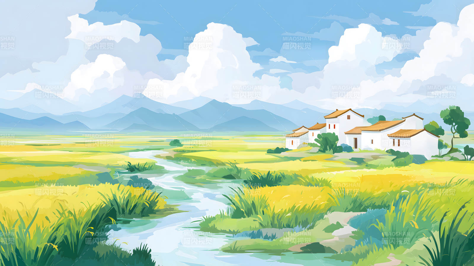 田园风光景色优美白云蓝天山水人家图片