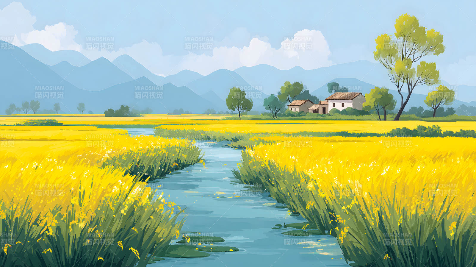 金黄田野河流人家风景画图片