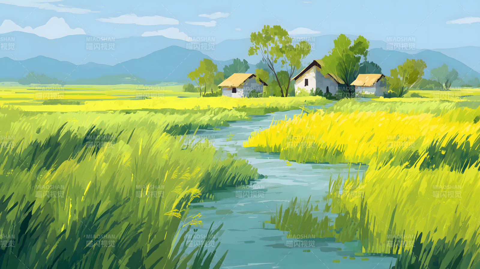 田园风光小屋溪流金色麦田图片