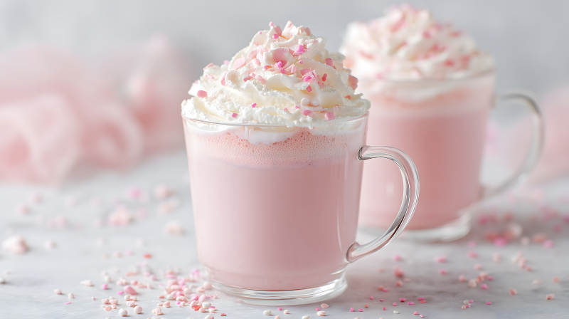 粉色饮品与奶油装饰的特写图片