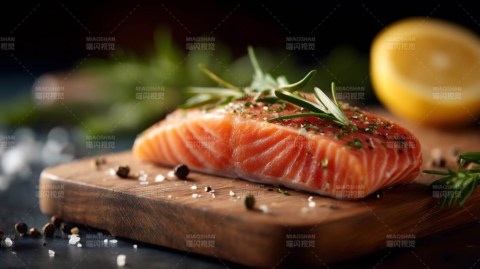 鲜美三文鱼配柠檬和香草图片