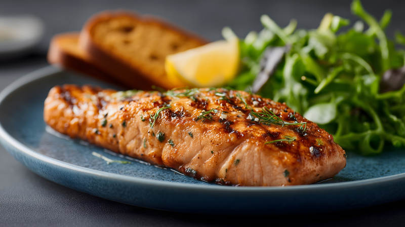 烤鲑鱼配蔬菜柠檬和面包图片