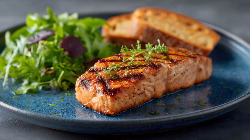 烤三文鱼配沙拉和面包图片