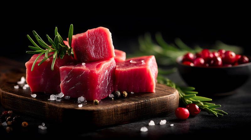 新鲜生肉块与配料的特写图片