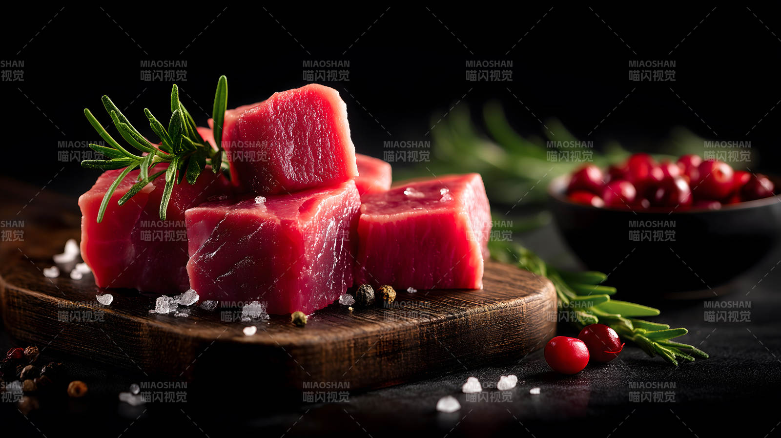 新鲜生肉块与配料的特写图片