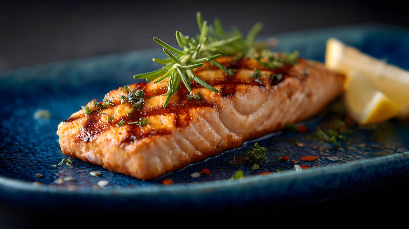烤三文鱼配柠檬香草图片