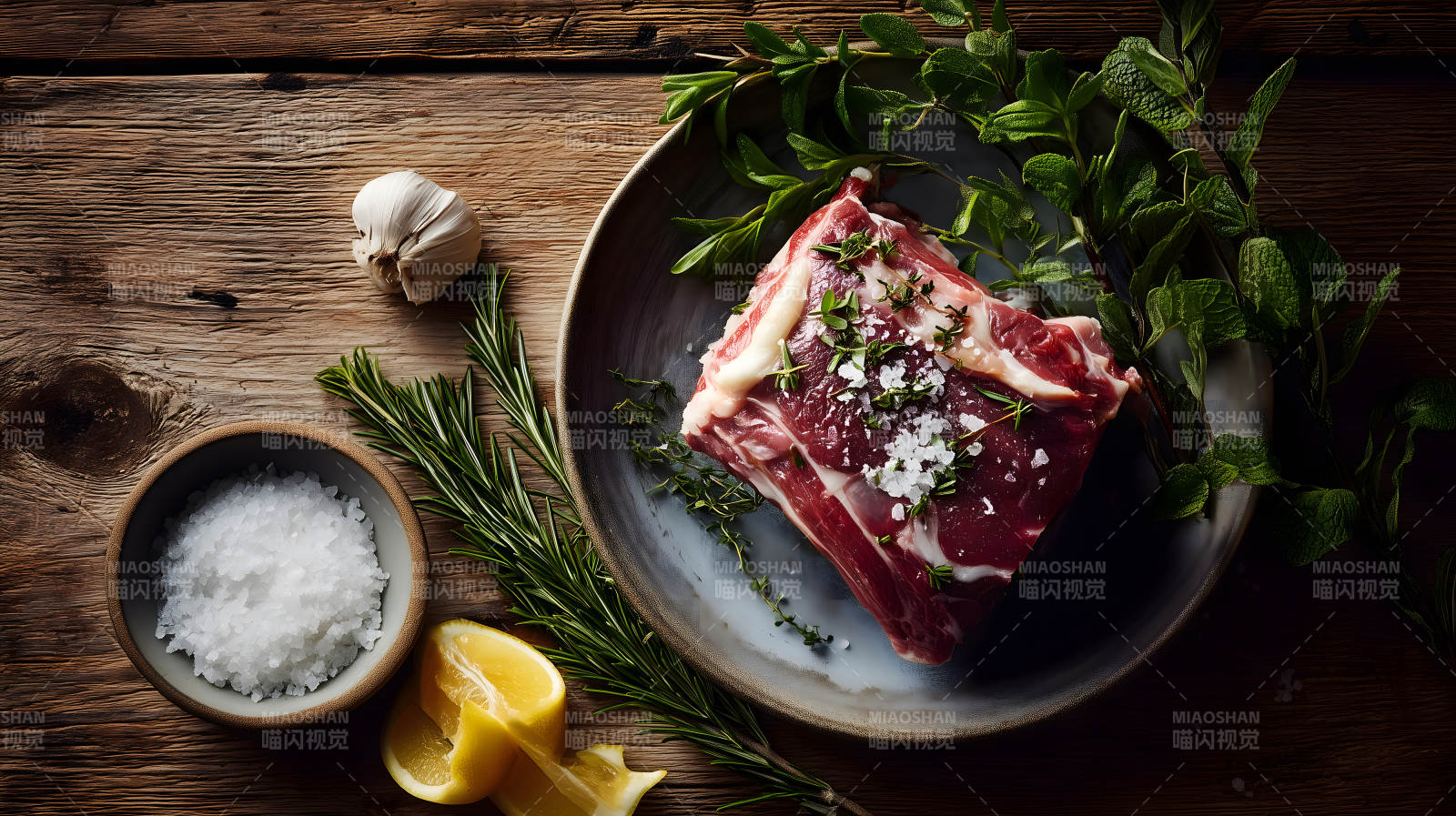 生肉与香料的精美摆盘图片