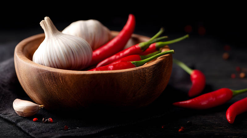 碗里大蒜辣椒黑暗背景质感图片
