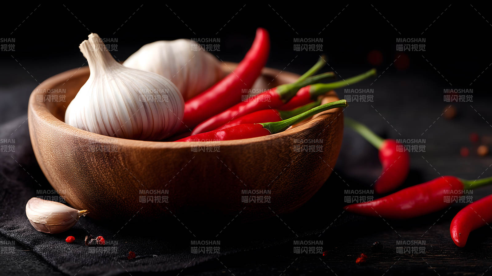 碗里大蒜辣椒黑暗背景质感图片