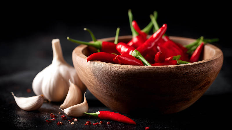红辣椒和大蒜在木碗里图片
