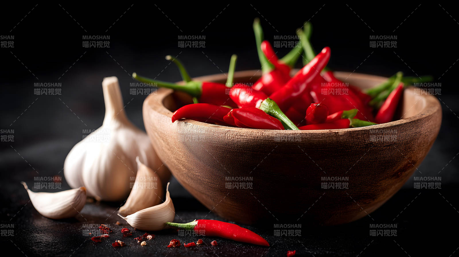 红辣椒和大蒜在木碗里图片