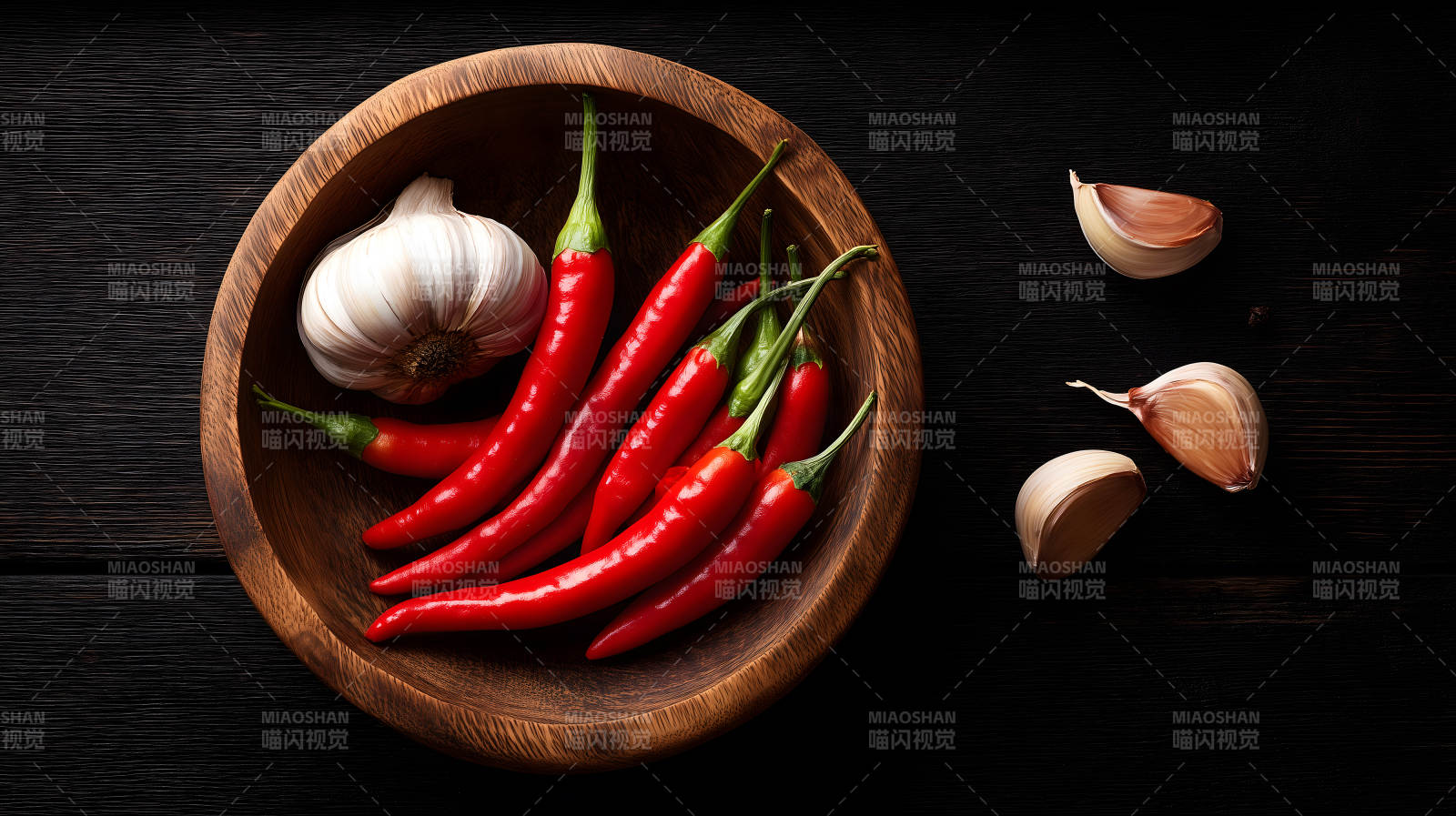 辣椒大蒜木碗黑色背景图片