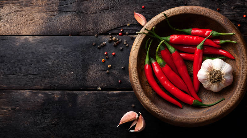 辣椒大蒜木碗调味品美食图片