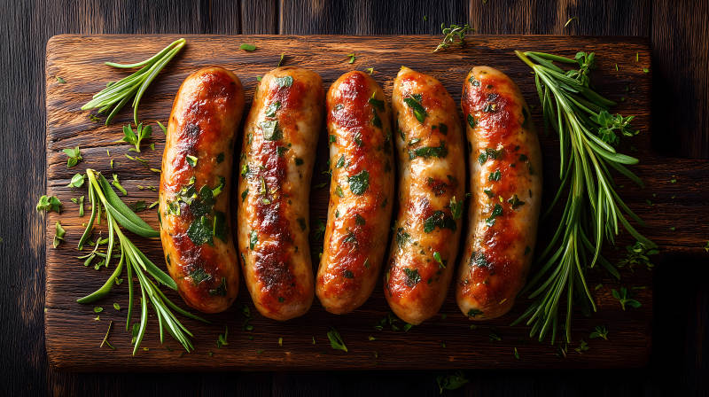 烤香肠佐香草的美味摆拍图片