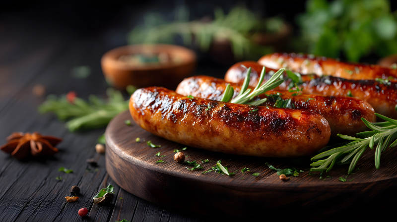 烤香肠配香料和木板图片