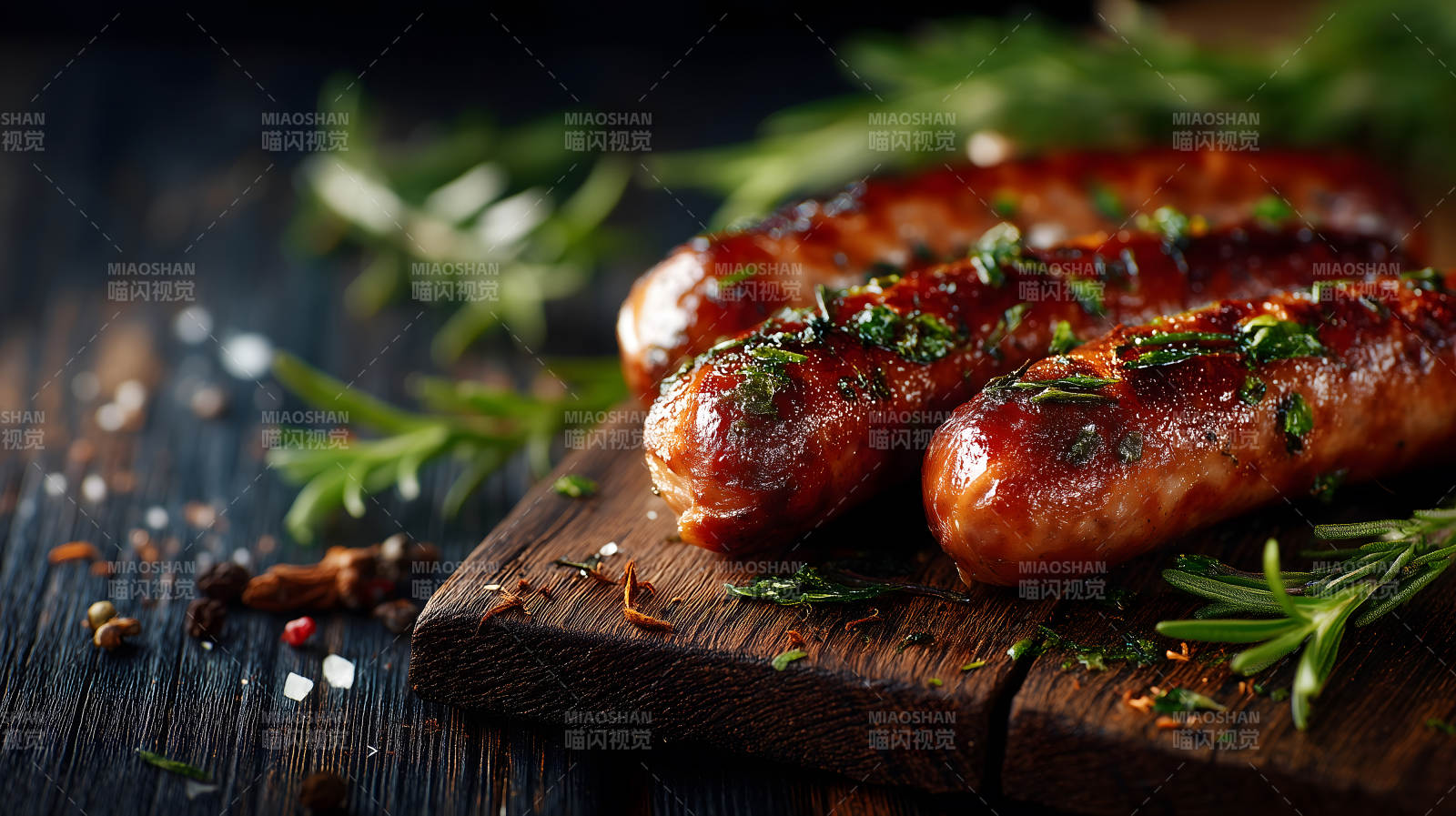 烤香肠配香草木板美食图片