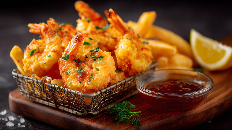 炸虾套餐配薯条与蘸酱图片