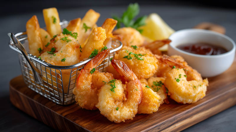 炸虾薯条配酱汁美食特写图片