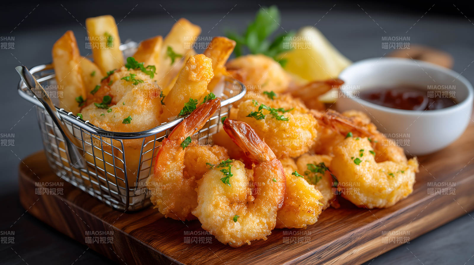 炸虾薯条配酱汁美食特写图片