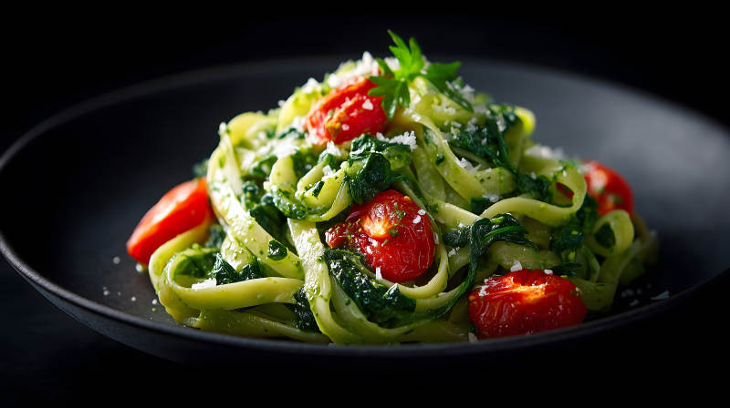 意面配番茄和菠菜美味诱人图片