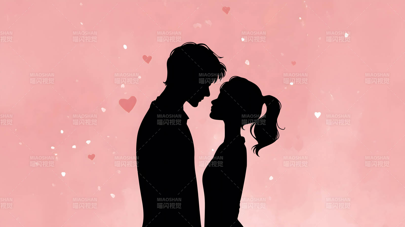情侣剪影相拥粉色背景爱心点缀图片