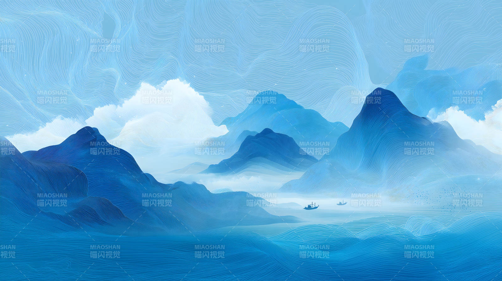 蓝色山水画意境优美图片