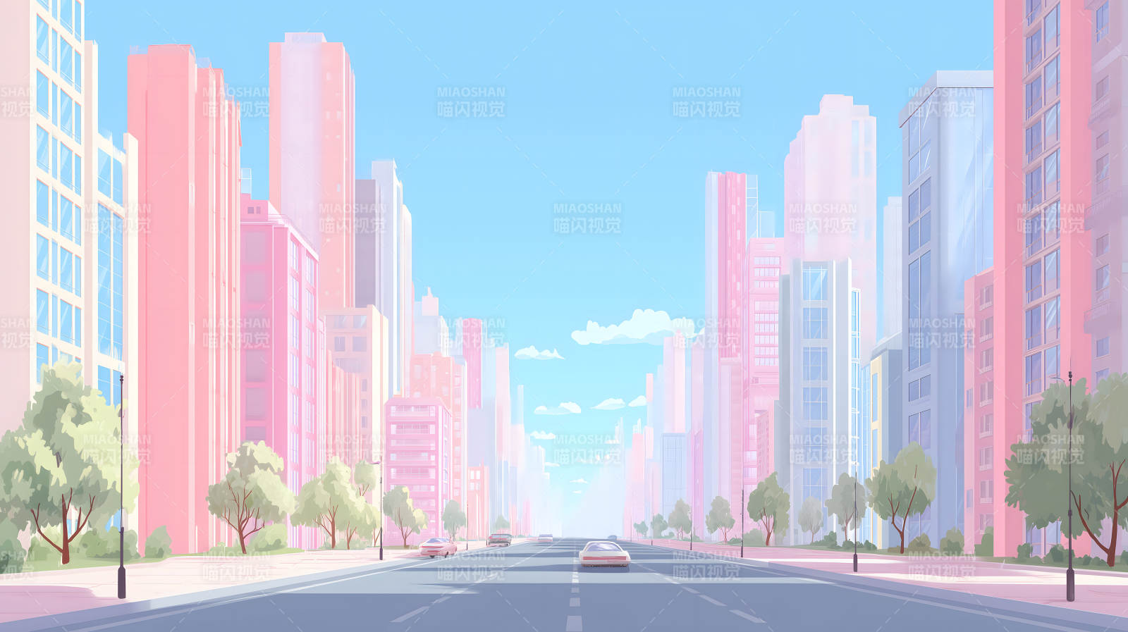 粉色城市街道的漫画风格图片