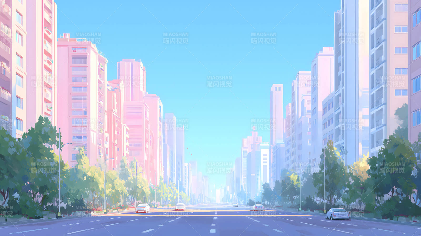 城市街道风景画阳光洒落建筑林立图片