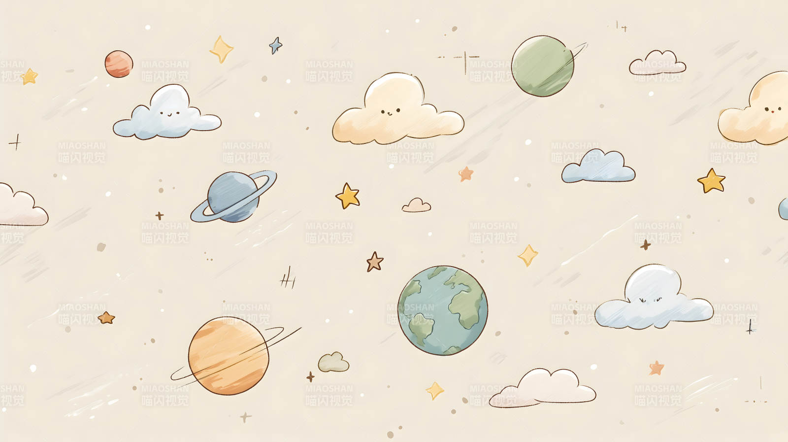 卡通宇宙图案包含星星云朵和行星图片