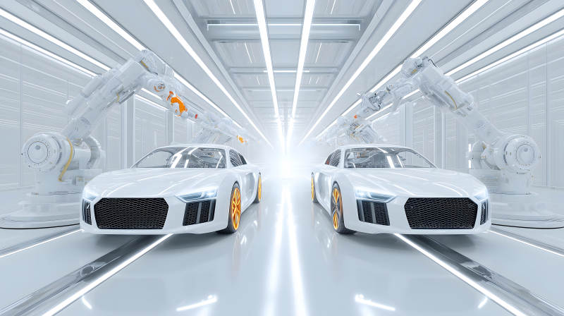 未来工厂中的白色跑车与机械臂图片