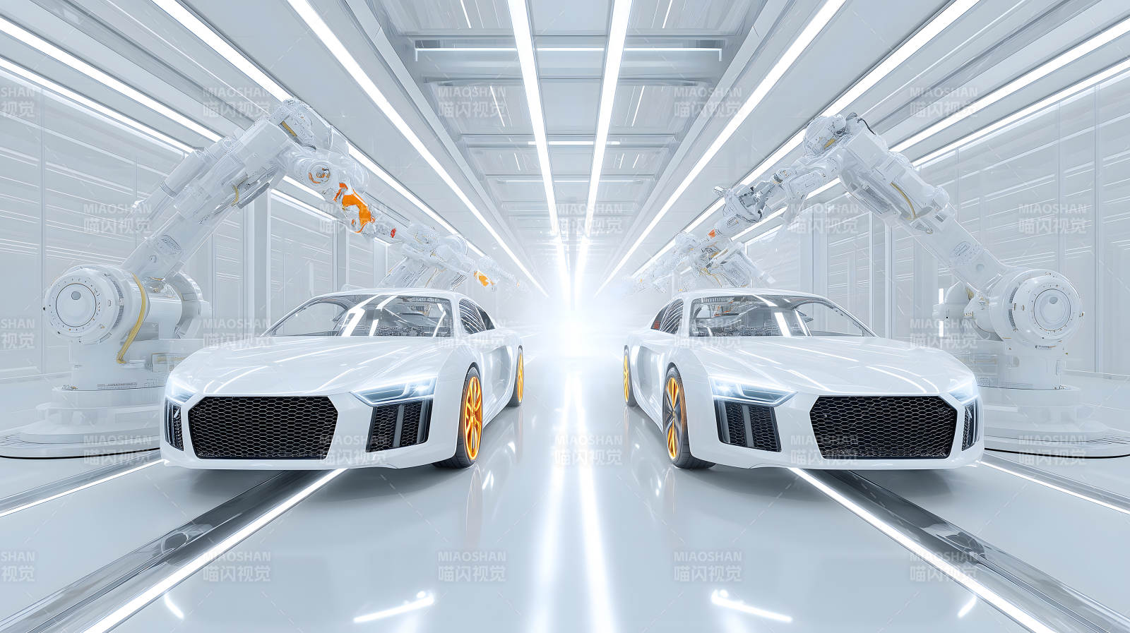 未来工厂中的白色跑车与机械臂图片