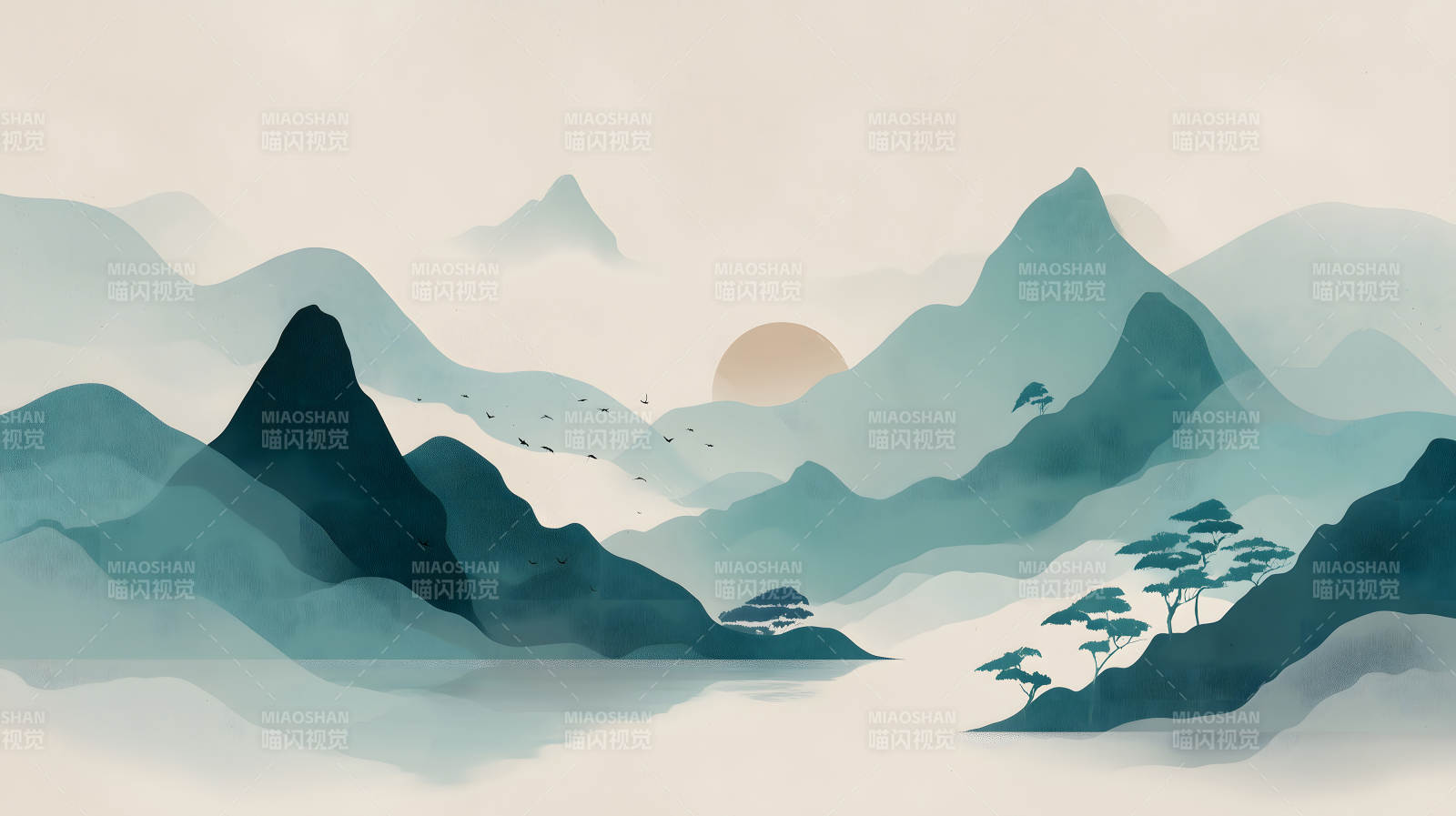 水墨山水风景画远山近水意境悠远图片