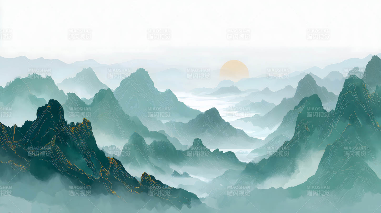 山水画卷景色壮丽云雾缭绕图片