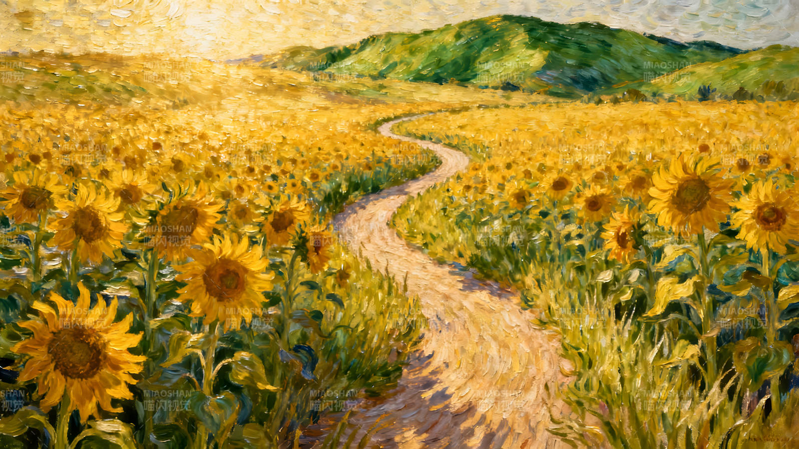向日葵田间的道路充满阳光的风景画图片