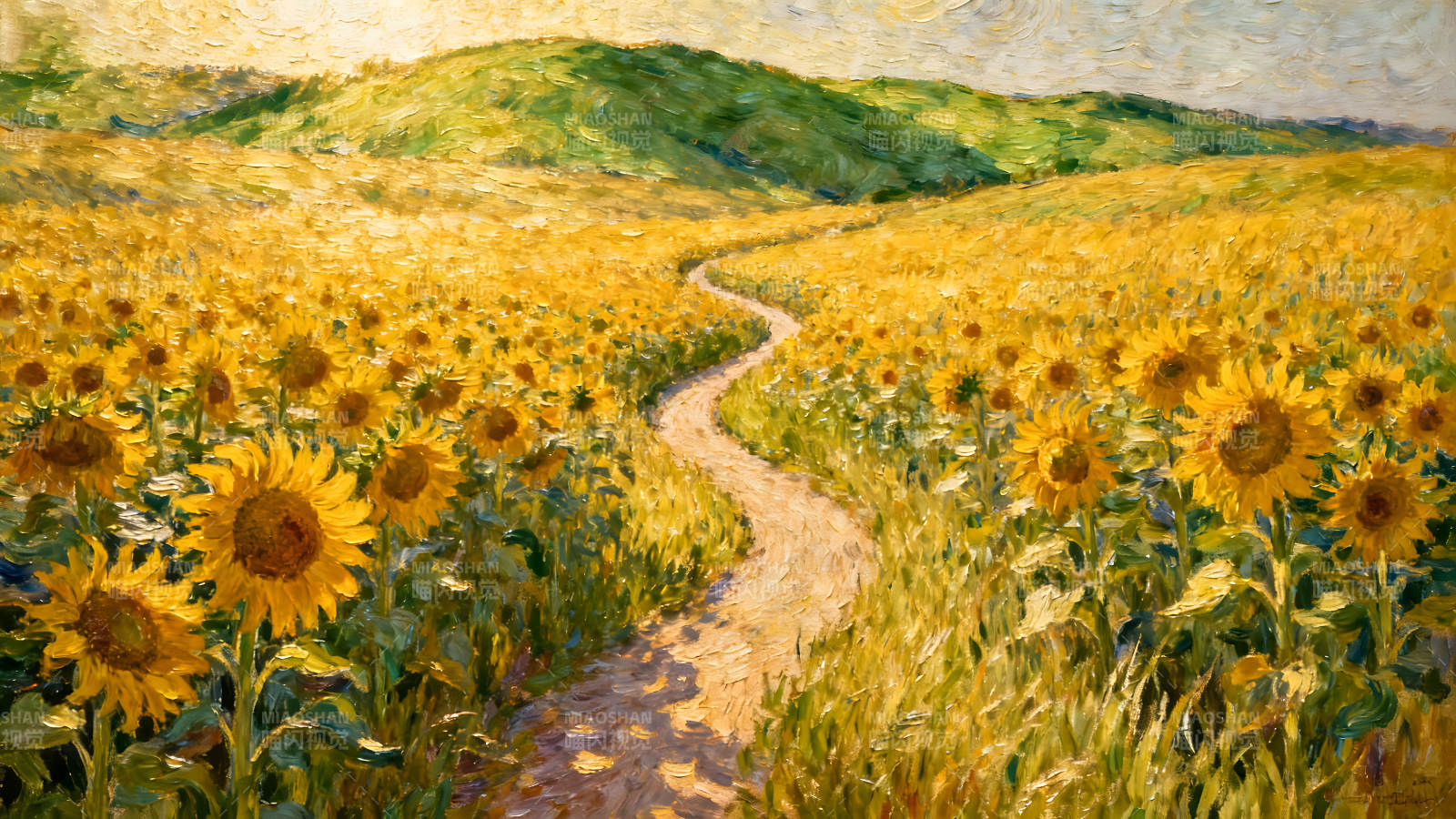 向日葵田野小径延伸至山丘图片