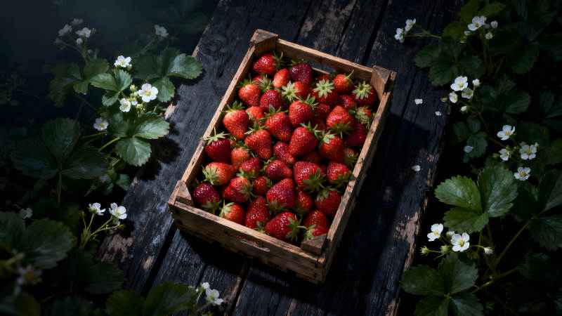 木箱里装满了新鲜的草莓旁边有草莓花和叶子图片