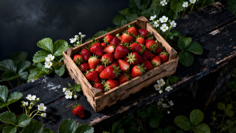 木箱草莓与花草的静物图片