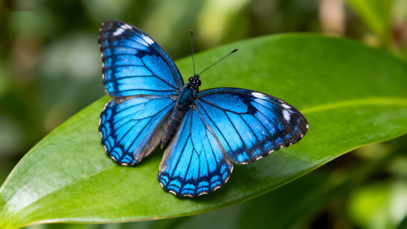 蓝色蝴蝶停在绿叶上图片
