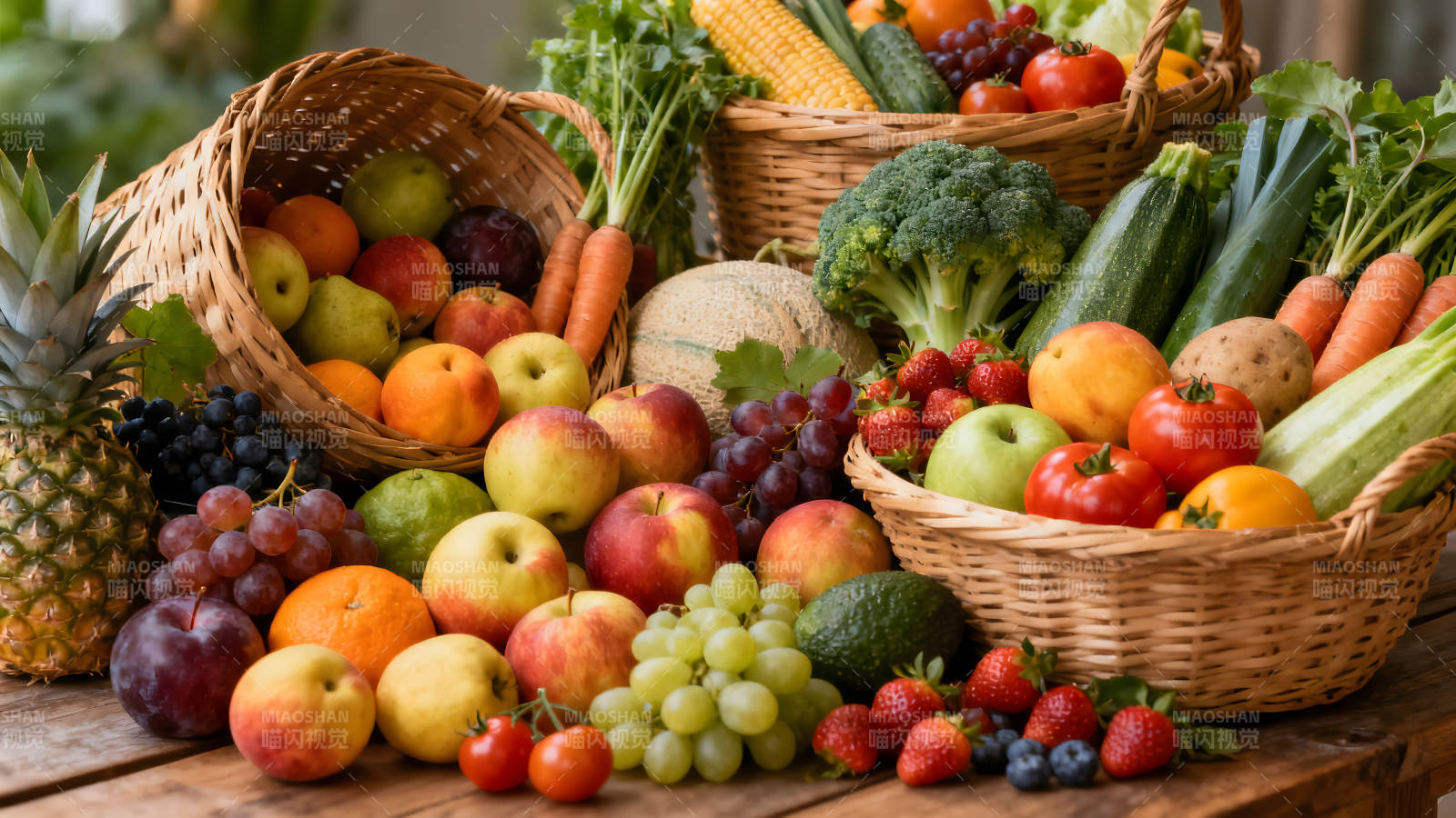丰收的果蔬盛宴篮筐摆满各色食物图片