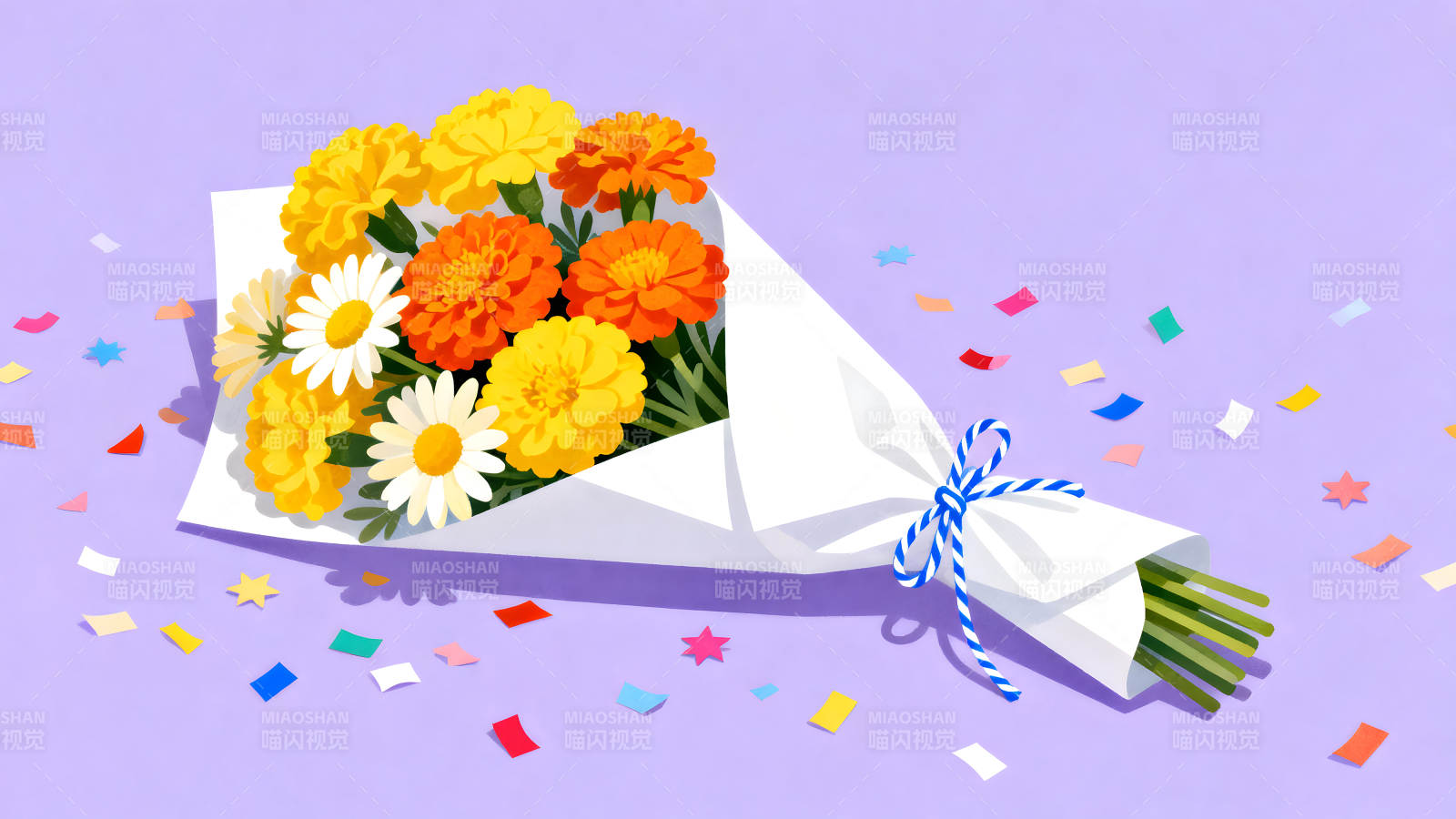 手绘花束与彩色纸片散落图片