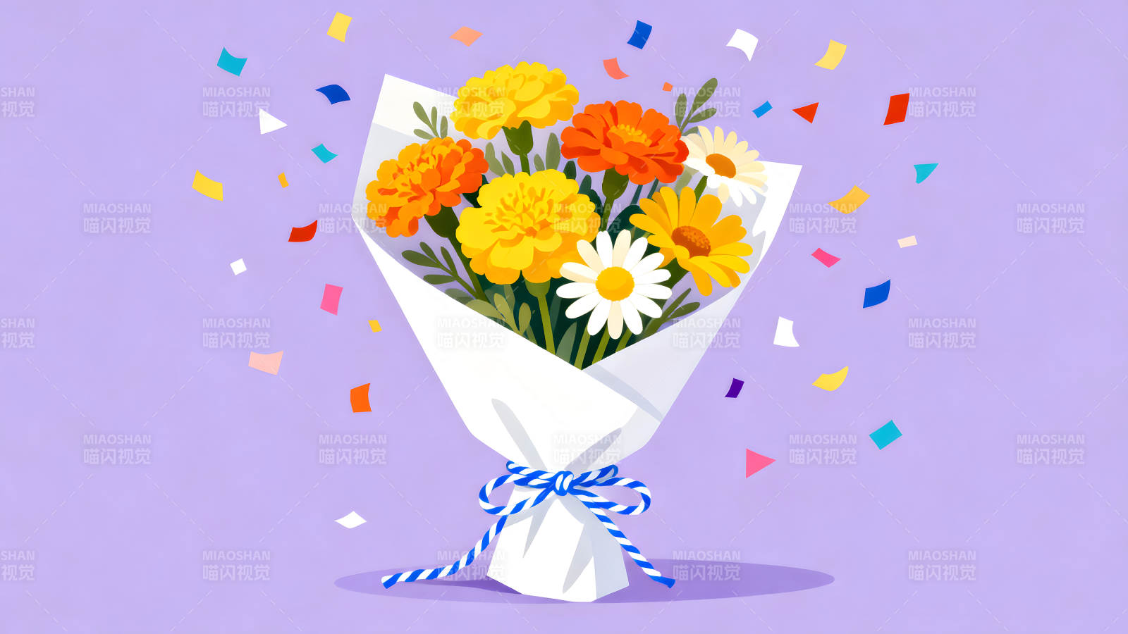 鲜花庆祝场景配有彩色纸屑图片