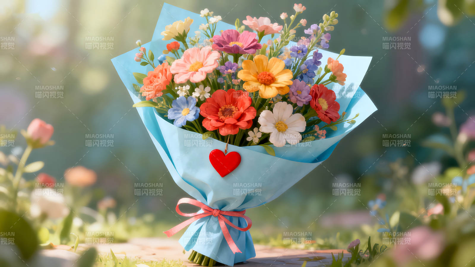 色彩缤纷的花束静谧温馨的场景图片