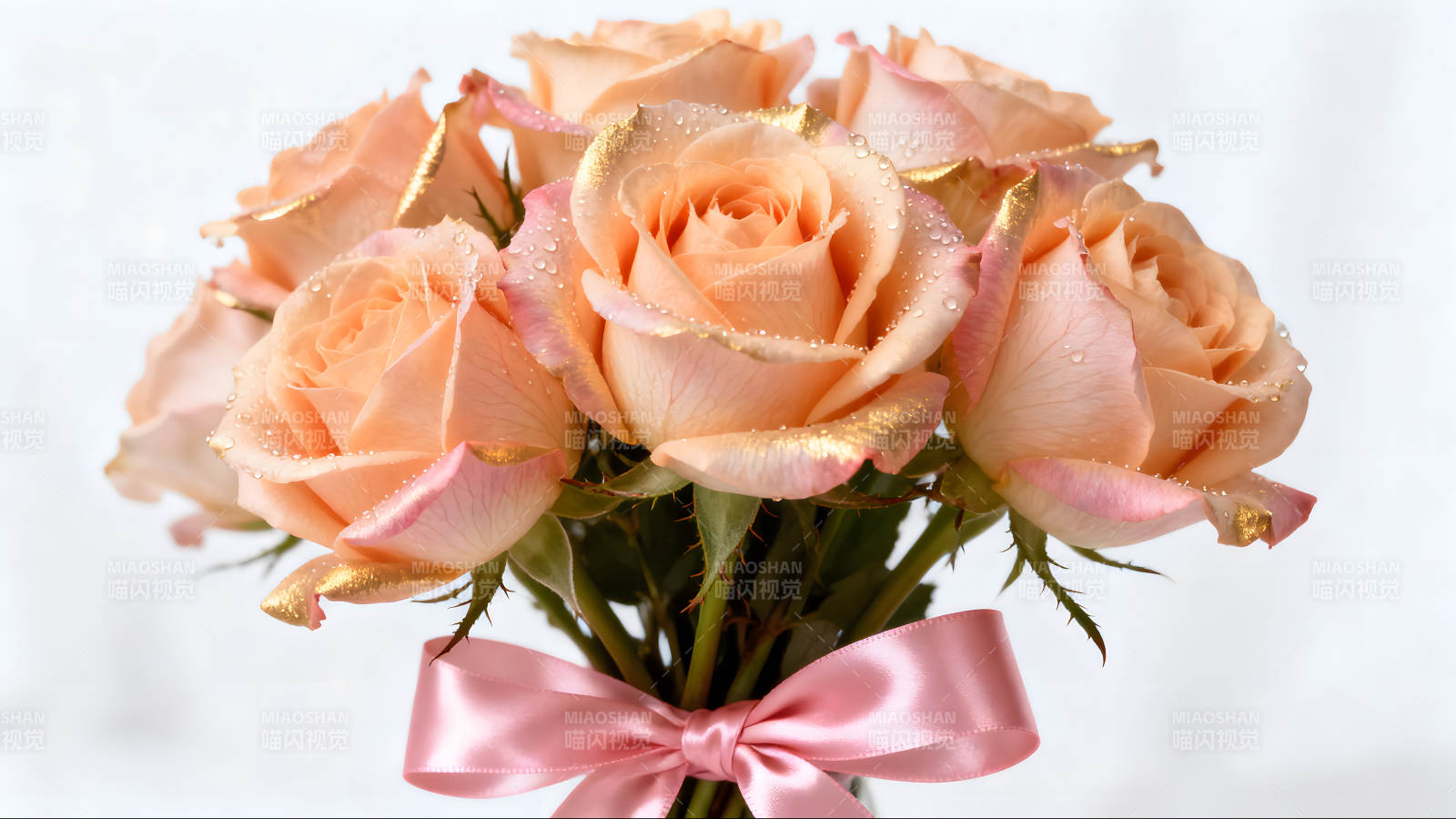 金色点缀的粉色玫瑰花束图片