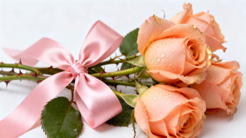 粉色丝带玫瑰花束特写图片