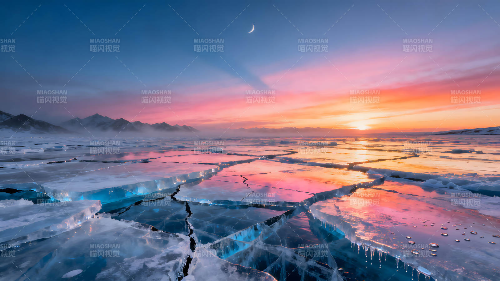 冰面夕阳下的月亮和天空图片