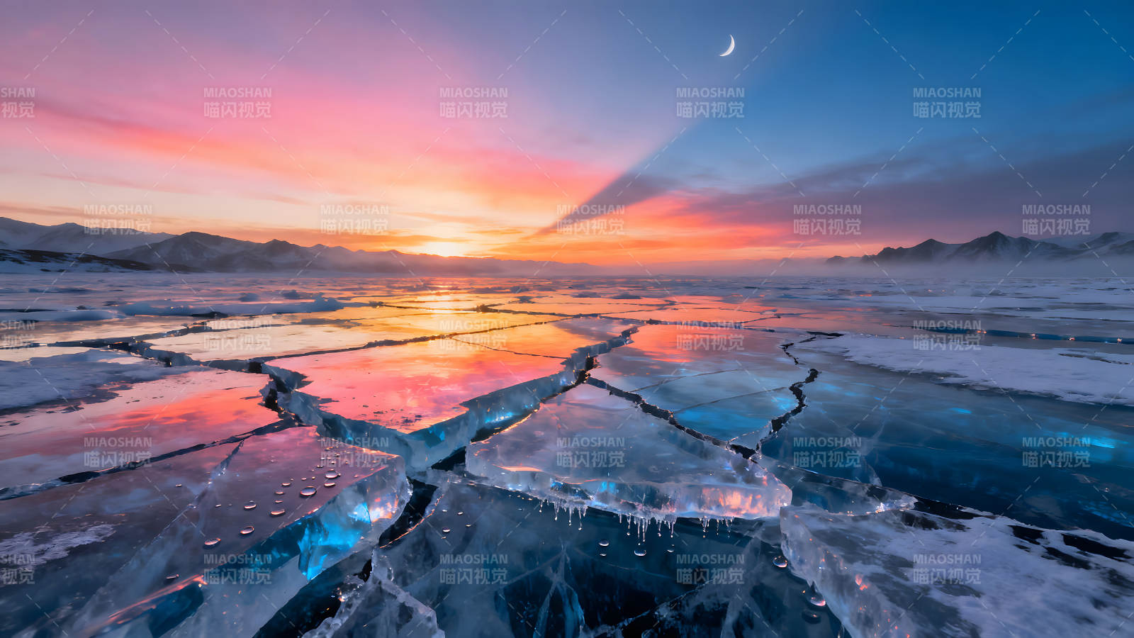 冰面夕阳下的壮丽景色图片